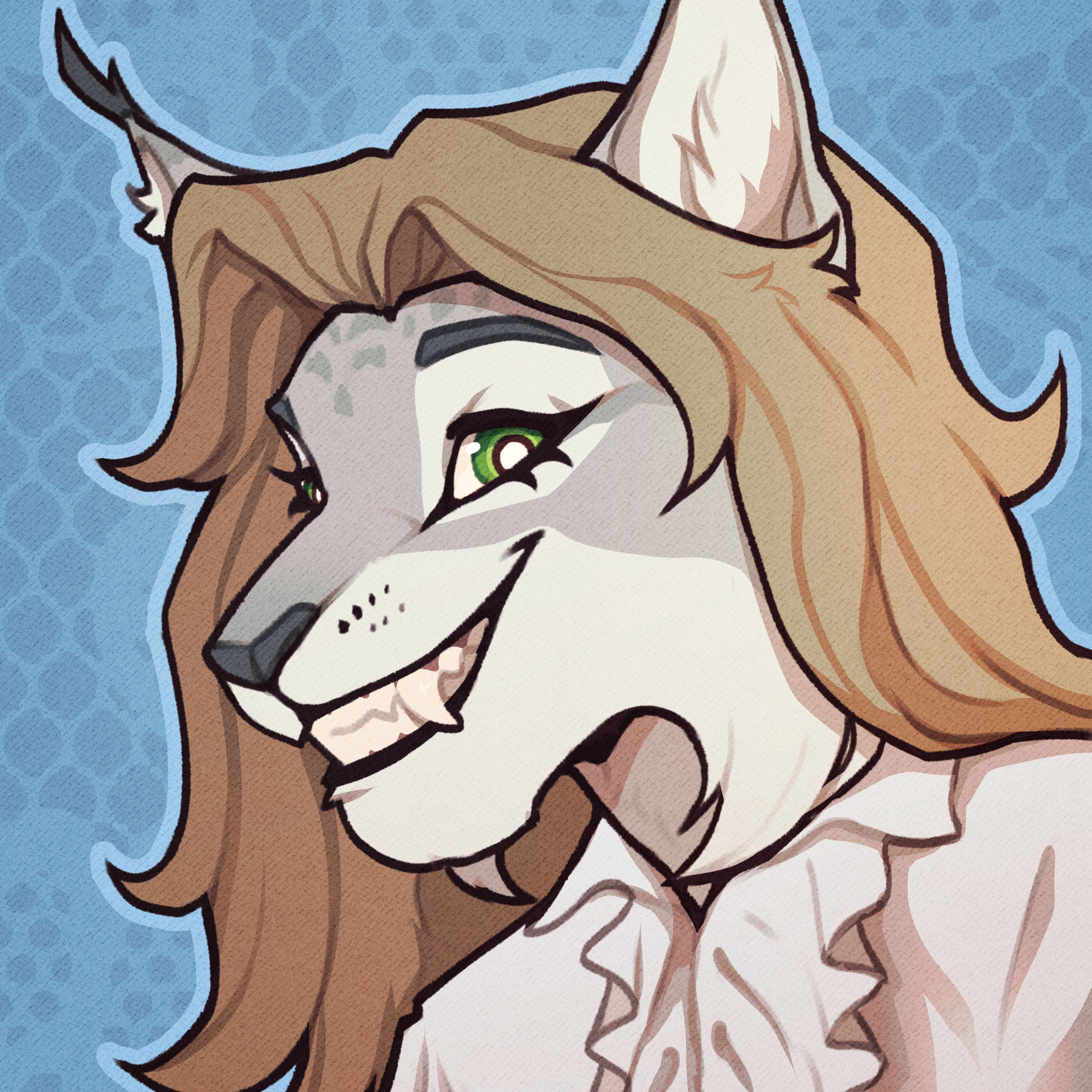 A colored headshot drawing of Rudy. He has a large smile, and fur patterning like a lynx.